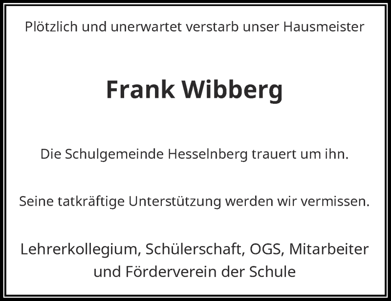  Traueranzeige für Frank Wibberg vom 18.01.2017 aus trauer.wuppertaler-rundschau.de