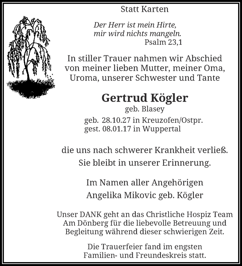  Traueranzeige für Gertrud Kögler vom 14.01.2017 aus trauer.wuppertaler-rundschau.de