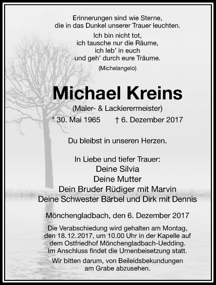  Traueranzeige für Michael Kreins vom 17.12.2017 aus trauer.extra-tipp-moenchengladbach.de