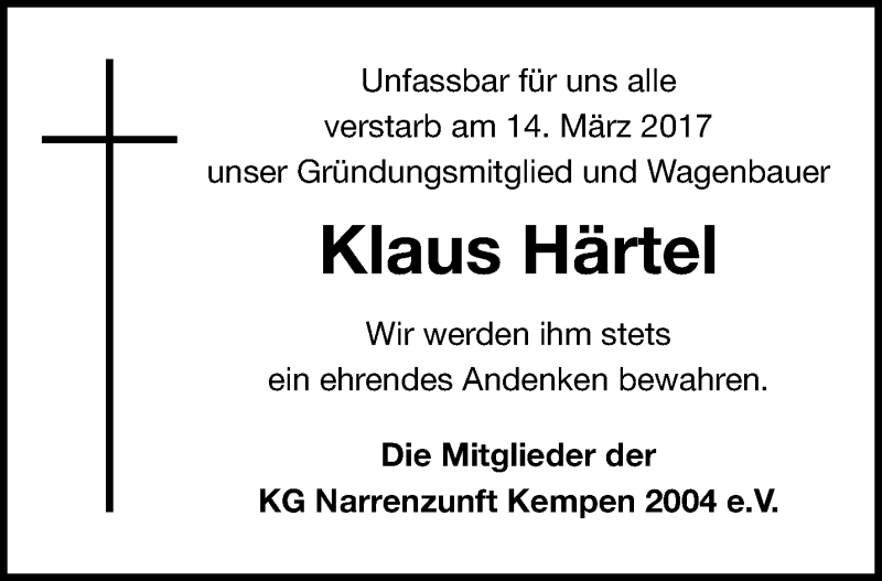  Traueranzeige für Klaus Härtel vom 19.03.2017 aus trauer.mein.krefeld.de