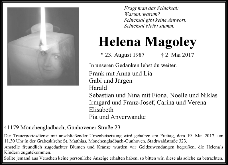  Traueranzeige für Helena Magoley vom 14.05.2017 aus trauer.extra-tipp-moenchengladbach.de