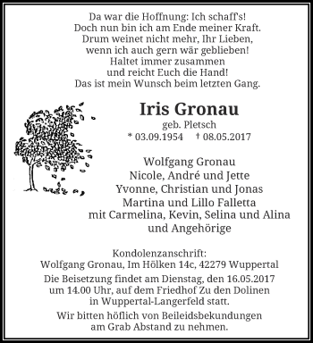 Traueranzeige von Iris Gronau von trauer.wuppertaler-rundschau.de
