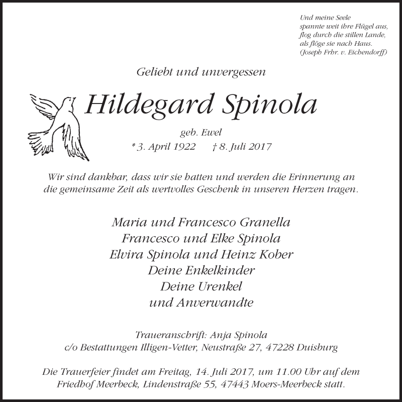  Traueranzeige für Hildegard Spinola vom 12.07.2017 aus trauer.stadt-panorame.de
