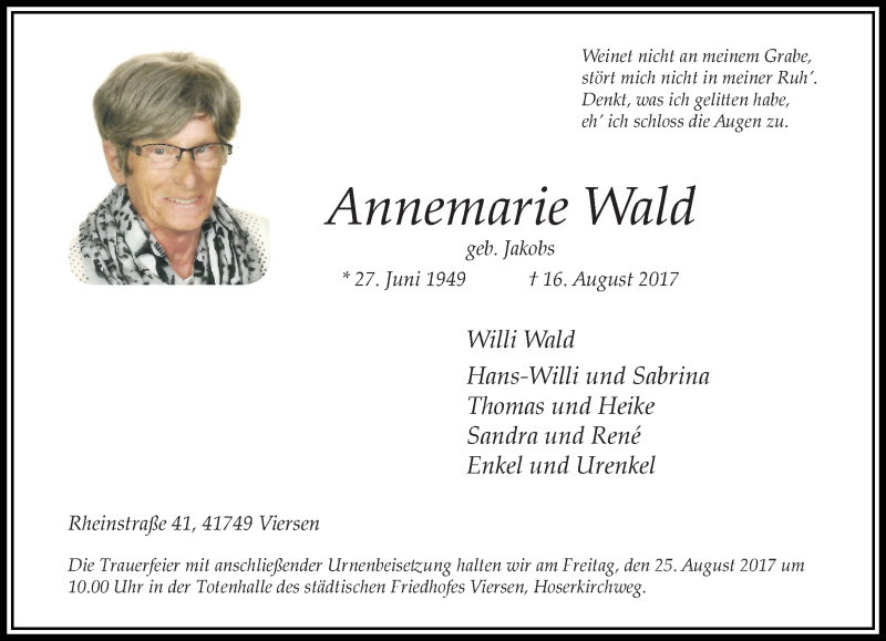  Traueranzeige für Annemarie Wald vom 20.08.2017 aus trauer.extra-tipp-moenchengladbach.de