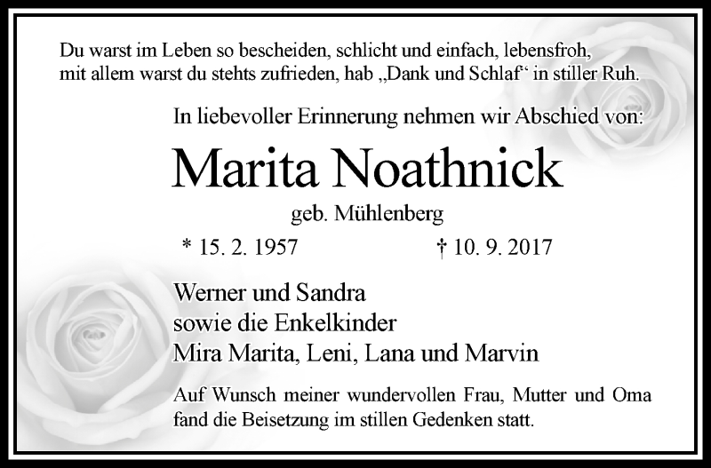  Traueranzeige für Marita Noathnick vom 24.09.2017 aus trauer.extra-tipp-moenchengladbach.de