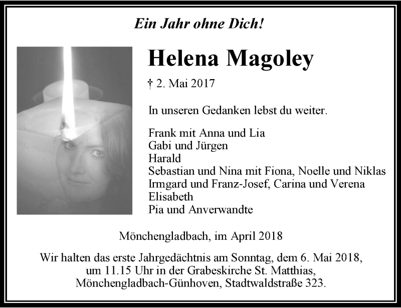  Traueranzeige für Helena Magoley vom 29.04.2018 aus trauer.extra-tipp-moenchengladbach.de