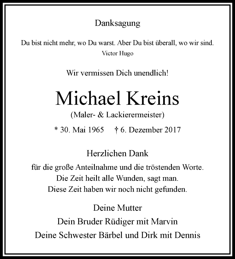  Traueranzeige für Michael Kreins vom 10.06.2018 aus trauer.extra-tipp-moenchengladbach.de
