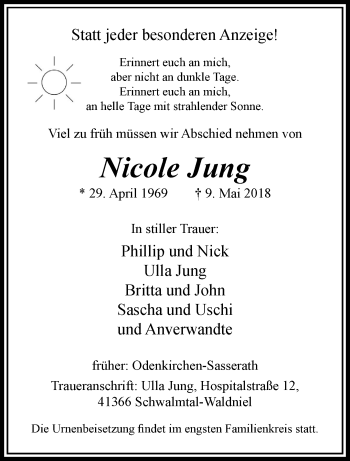 Traueranzeige von Nicole Jung von trauer.extra-tipp-moenchengladbach.de