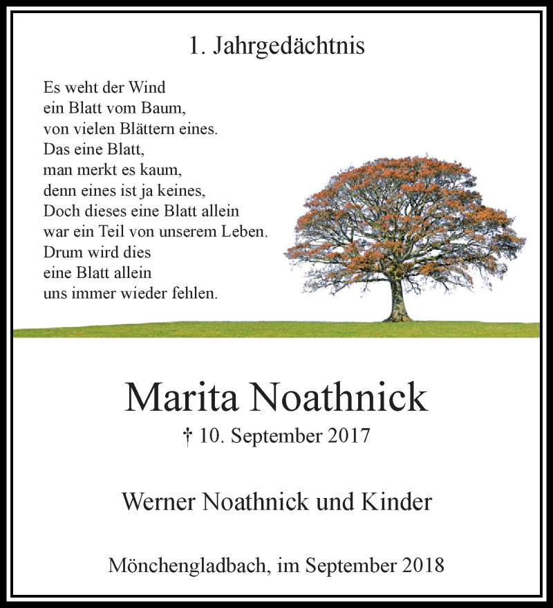  Traueranzeige für Marita Noathnick vom 09.09.2018 aus trauer.extra-tipp-moenchengladbach.de