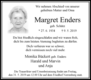 Traueranzeige von Margret Enders von trauer.wuppertaler-rundschau.de