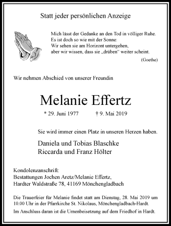 Traueranzeige von Melanie Effertz von trauer.extra-tipp-moenchengladbach.de