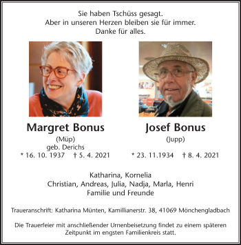 Traueranzeige von Margret und Josef Bonus von trauer.extra-tipp-moenchengladbach.de