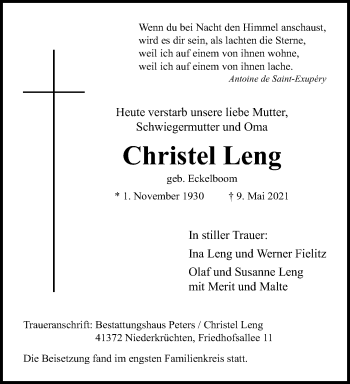 Traueranzeige von Christel Leng von trauer.extra-tipp-moenchengladbach.de