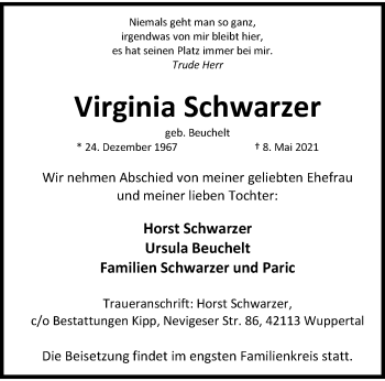 Traueranzeige von Virginia Schwarzer von trauer.wuppertaler-rundschau.de