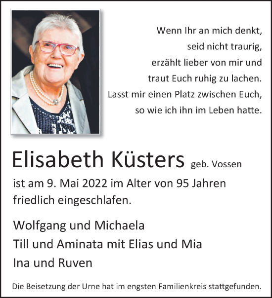 Traueranzeige von Elisabeth Küsters von trauer.extra-tipp-moenchengladbach.de
