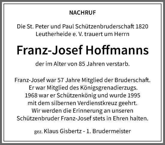 Traueranzeige von Franz-Josef Hoffmanns von trauer.extra-tipp-moenchengladbach.de