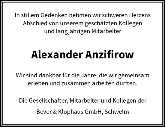 Traueranzeige von Alexander Anzifirow von trauer.wuppertaler-rundschau.de