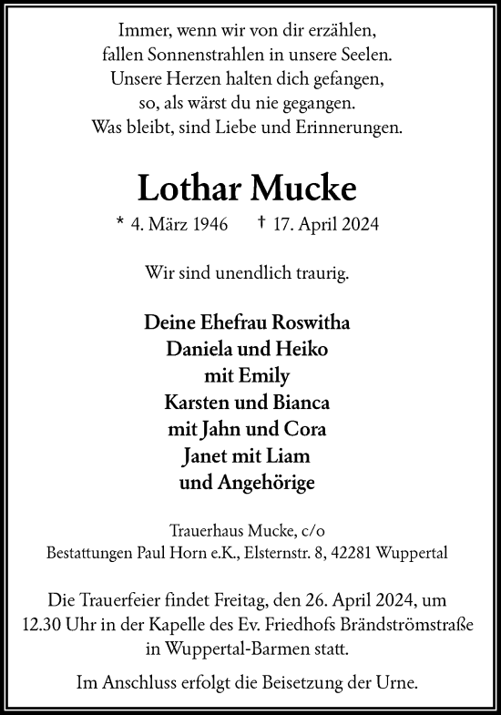Traueranzeige von Lothar Mucke von trauer.wuppertaler-rundschau.de