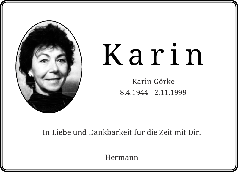  Traueranzeige für Karin Görke vom 02.11.2016 aus trauer.wuppertaler-rundschau.de
