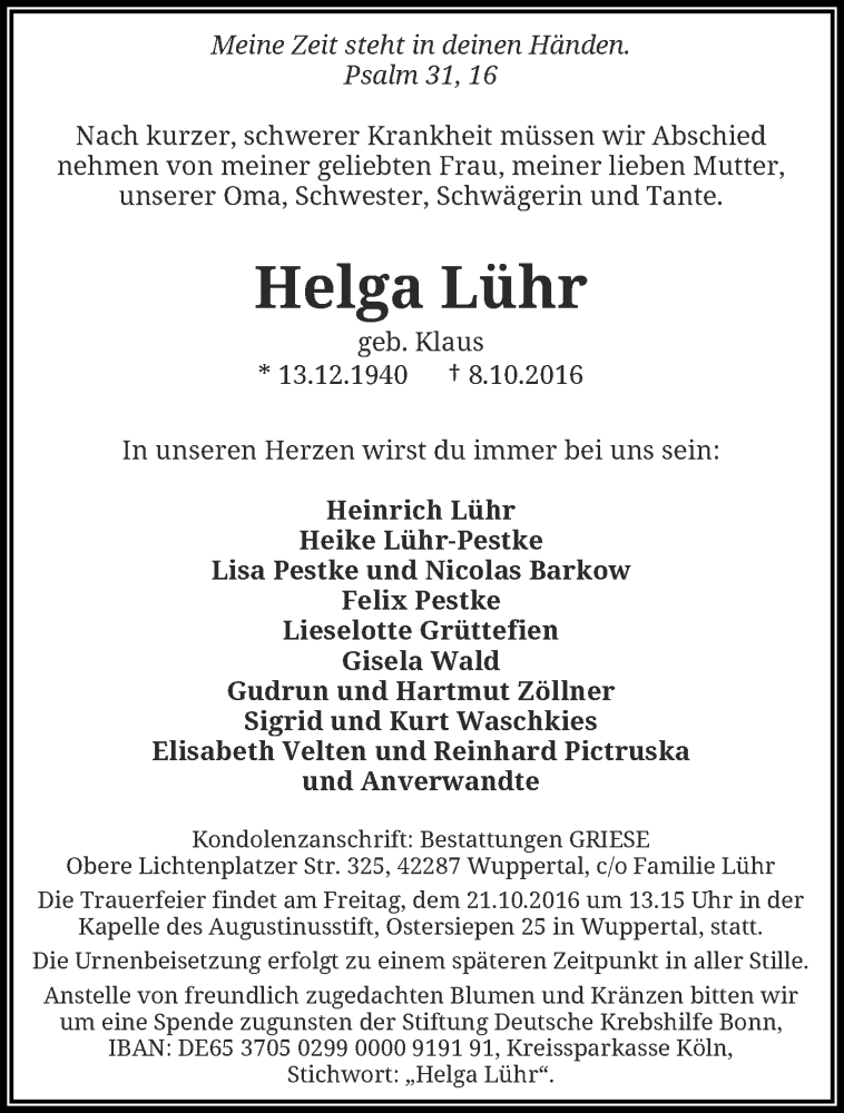  Traueranzeige für Helga Lühr vom 15.10.2016 aus trauer.wuppertaler-rundschau.de
