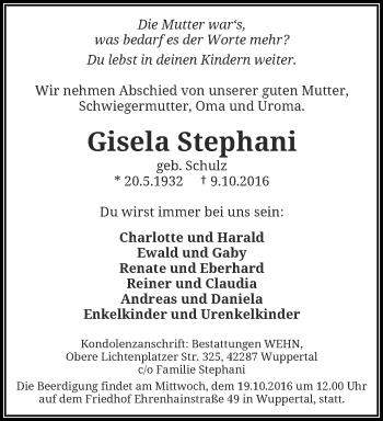 Traueranzeige von Gisela Stephani von trauer.wuppertaler-rundschau.de