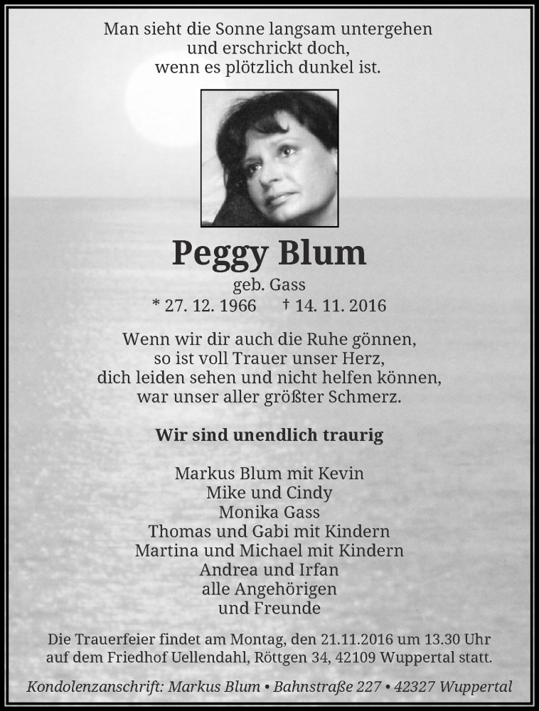  Traueranzeige für Peggy Blum vom 19.11.2016 aus trauer.wuppertaler-rundschau.de