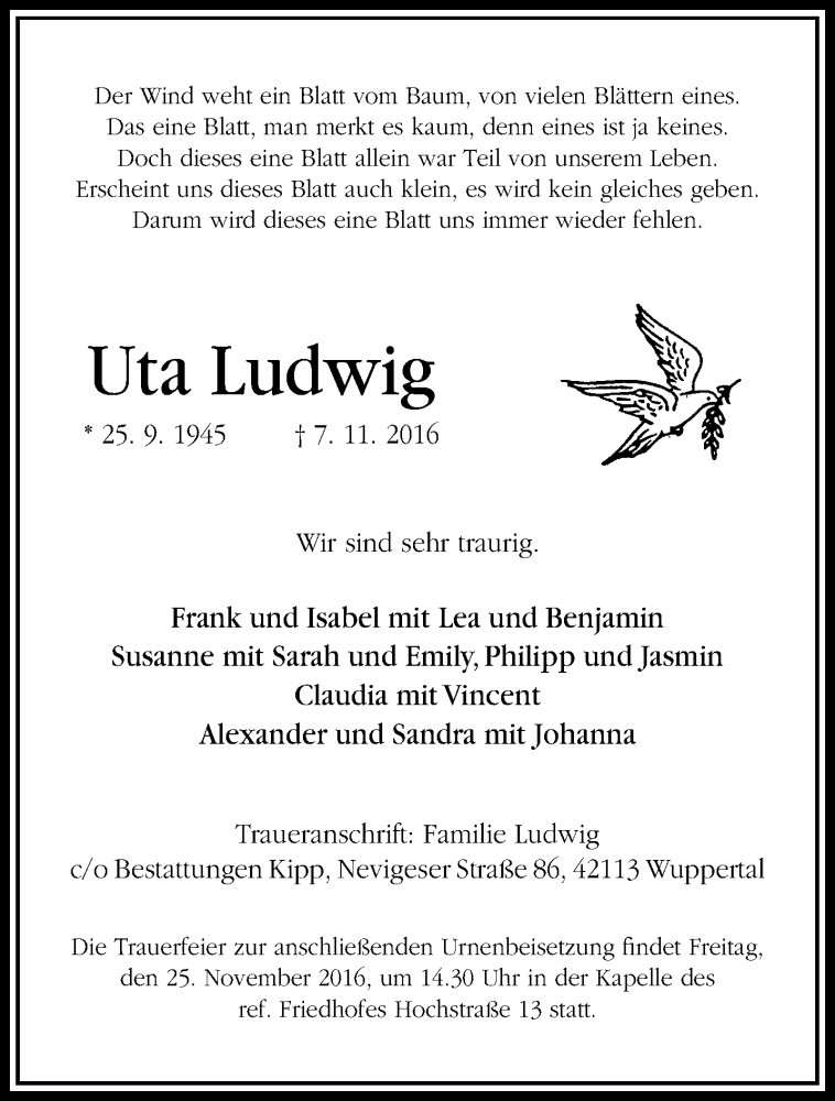 Traueranzeige für Uta Ludwig vom 23.11.2016 aus trauer.wuppertaler-rundschau.de