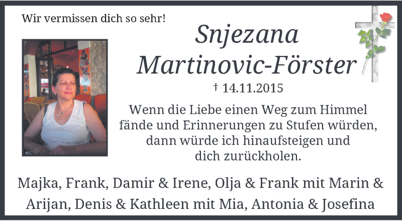  Traueranzeige für Snjezana Martinovic-Förster vom 19.11.2016 aus trauer.wuppertaler-rundschau.de