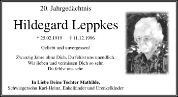 Traueranzeige von Hildegard Leppkes von trauer.mein.krefeld.de