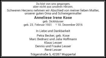 Traueranzeige von Anneliese Irene Kose von trauer.wuppertaler-rundschau.de