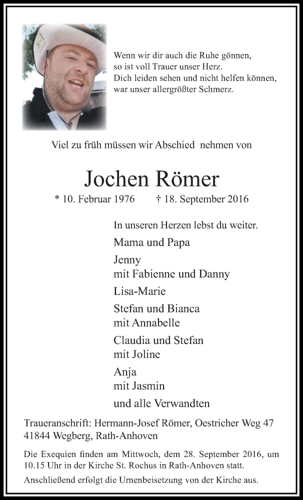  Traueranzeige für Jochen Römer vom 25.09.2016 aus trauer.extra-tipp-moenchengladbach.de