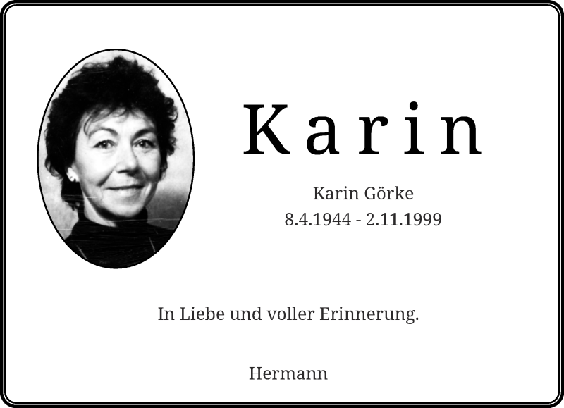  Traueranzeige für Karin Görke vom 04.11.2017 aus trauer.wuppertaler-rundschau.de