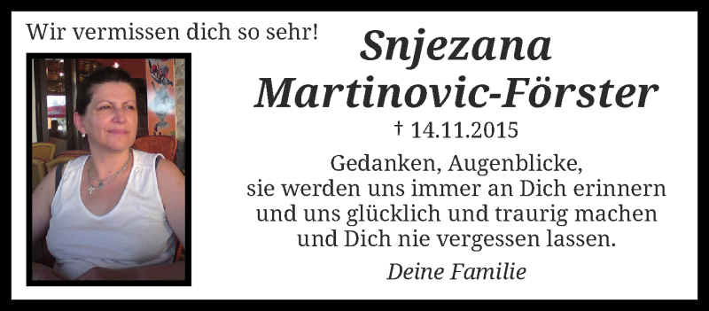 Traueranzeige für Snjezana Martinovic-Förster vom 18.11.2017 aus trauer.wuppertaler-rundschau.de