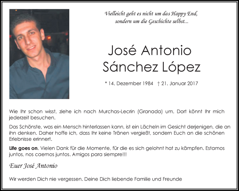  Traueranzeige für José Antonio Sánchez López vom 04.02.2017 aus trauer.stadt-kurier.de