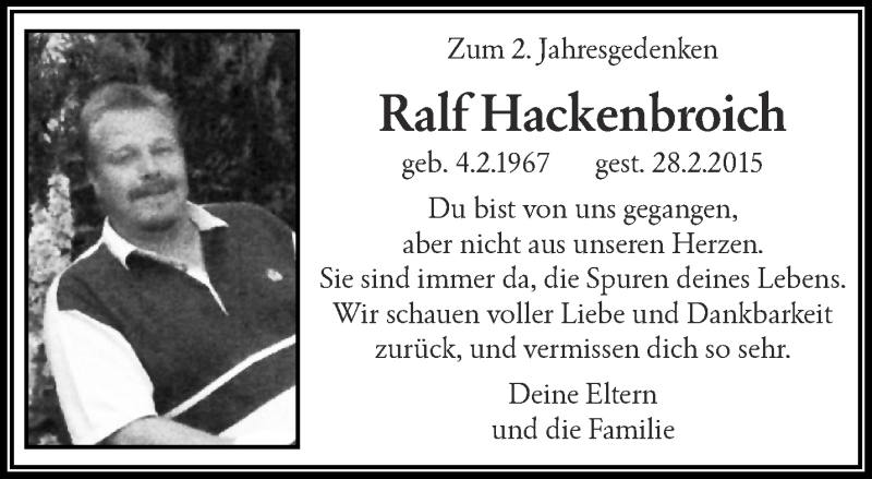  Traueranzeige für Ralf Hackenbroich vom 01.03.2017 aus trauer.wuppertaler-rundschau.de