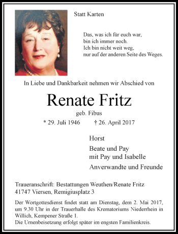 Traueranzeige von Renate Fritz von trauer.extra-tipp-moenchengladbach.de