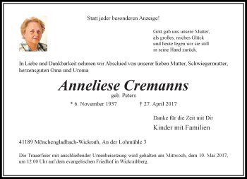 Traueranzeige von Anneliese Cremanns von trauer.extra-tipp-moenchengladbach.de