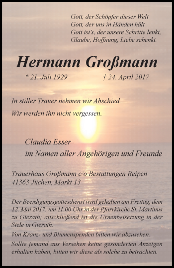 Traueranzeige von Hermann Großmann von trauer.stadt-kurier.de