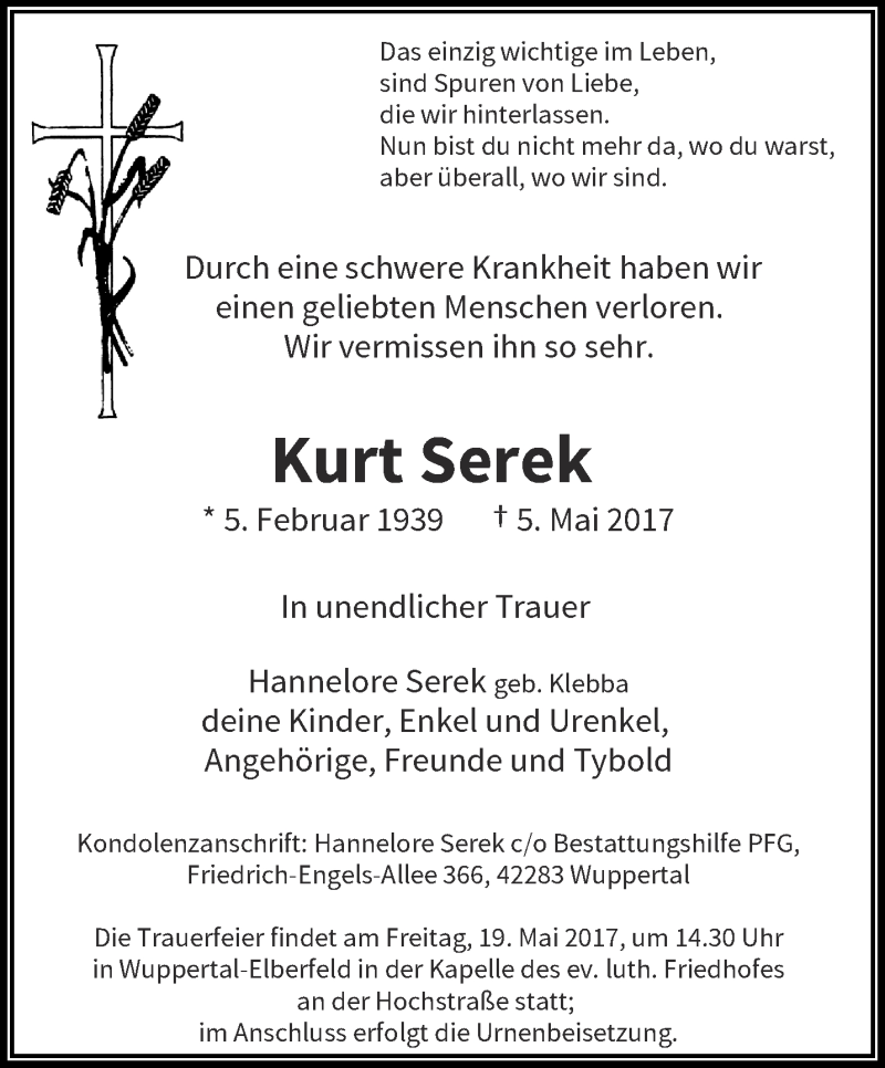  Traueranzeige für Kurt Serek vom 17.05.2017 aus trauer.wuppertaler-rundschau.de
