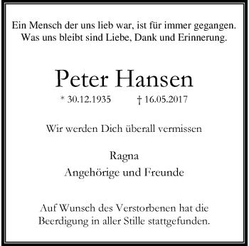 Traueranzeige von Peter Hansen von trauer.wuppertaler-rundschau.de