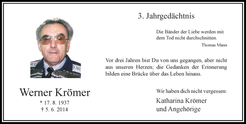  Traueranzeige für Werner Krömer vom 04.06.2017 aus trauer.extra-tipp-moenchengladbach.de