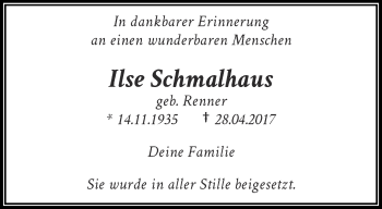 Traueranzeige von Ilse Schmalhaus von trauer.wuppertaler-rundschau.de