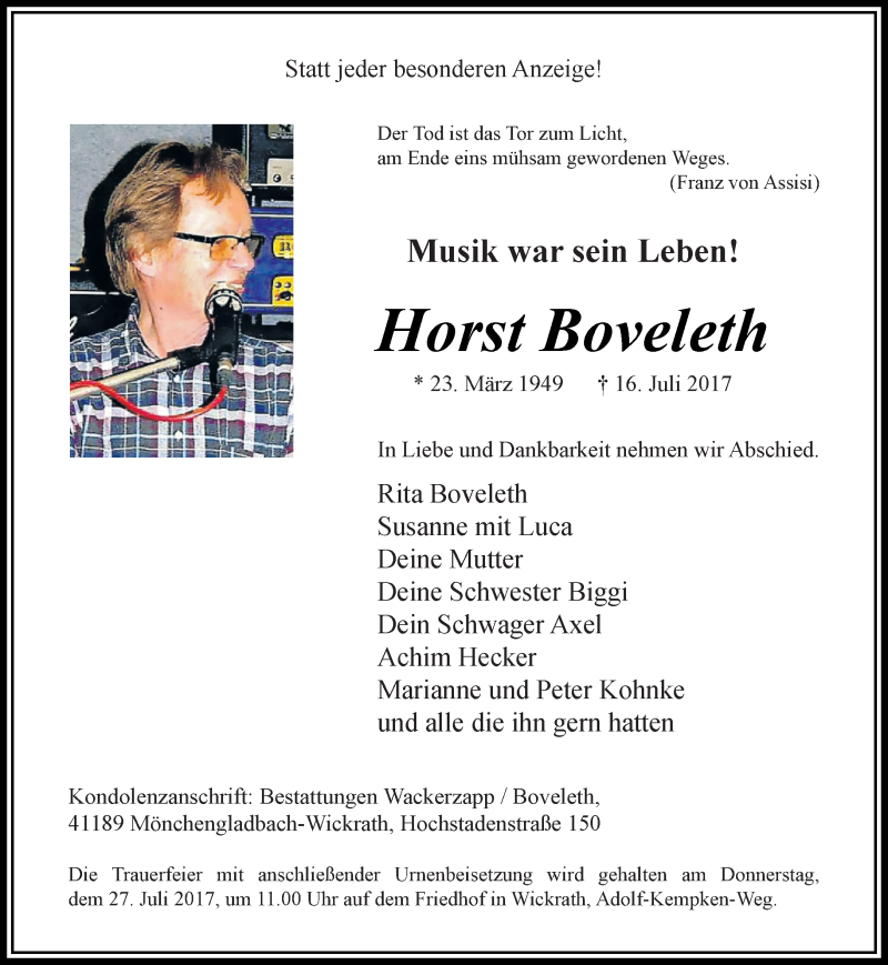  Traueranzeige für Horst Boveleth vom 23.07.2017 aus trauer.extra-tipp-moenchengladbach.de