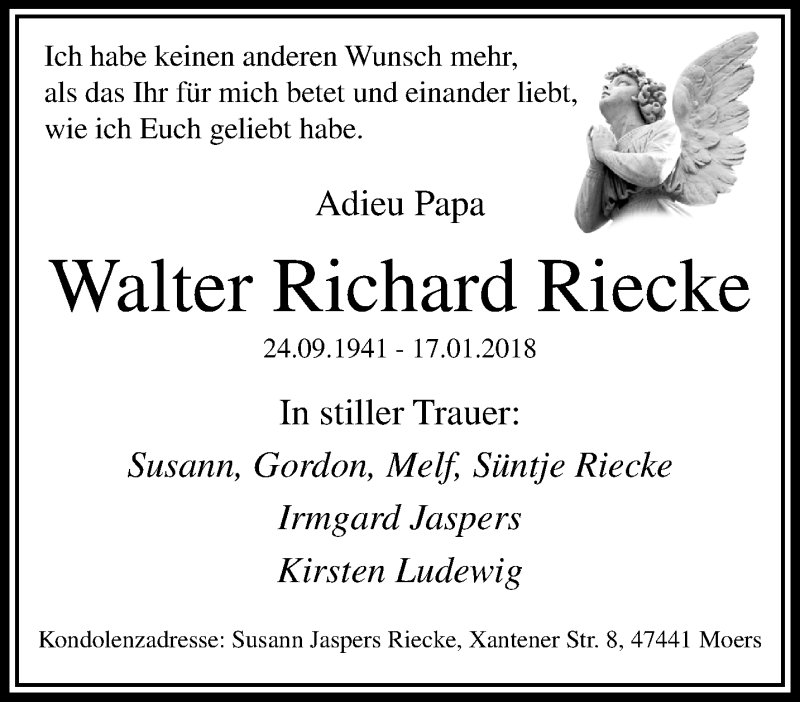  Traueranzeige für Walter Richard Riecke vom 24.01.2018 aus trauer.stadt-panorame.de