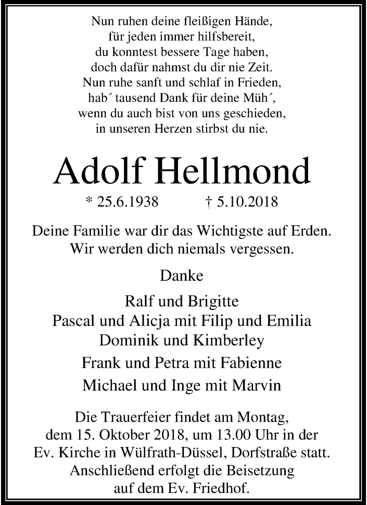  Traueranzeige für Adolf Hellmond vom 13.10.2018 aus trauer.wuppertaler-rundschau.de