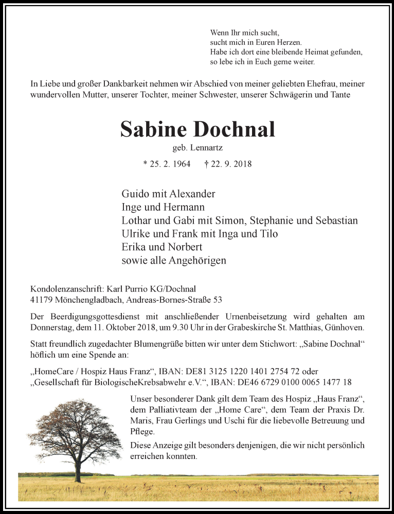  Traueranzeige für Sabine Dochnal vom 07.10.2018 aus trauer.extra-tipp-moenchengladbach.de