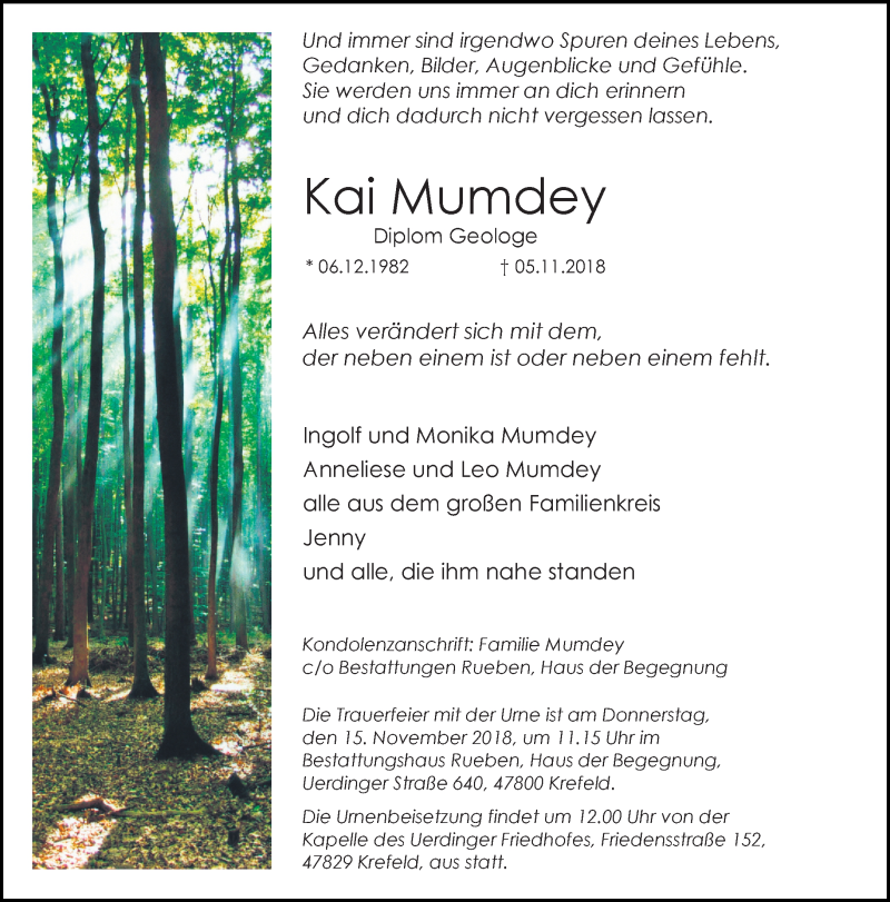  Traueranzeige für Kai Mumdey vom 11.11.2018 aus trauer.mein.krefeld.de