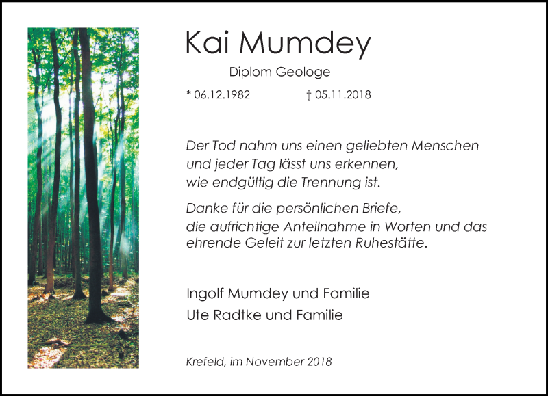  Traueranzeige für Kai Mumdey vom 25.11.2018 aus trauer.mein.krefeld.de