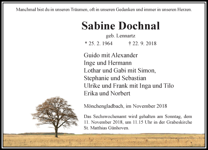  Traueranzeige für Sabine Dochnal vom 04.11.2018 aus trauer.extra-tipp-moenchengladbach.de