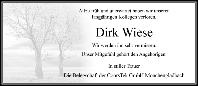  Traueranzeige für Dirk Wiese vom 23.12.2018 aus trauer.extra-tipp-moenchengladbach.de
